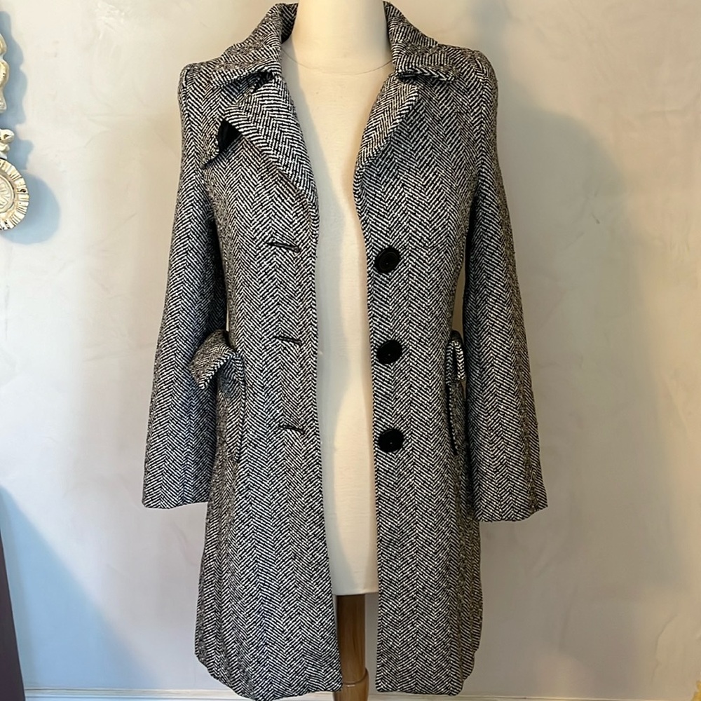 Last Kiss Black & White Tweed Wool Blend Coat pockets & oversized buttons Size M